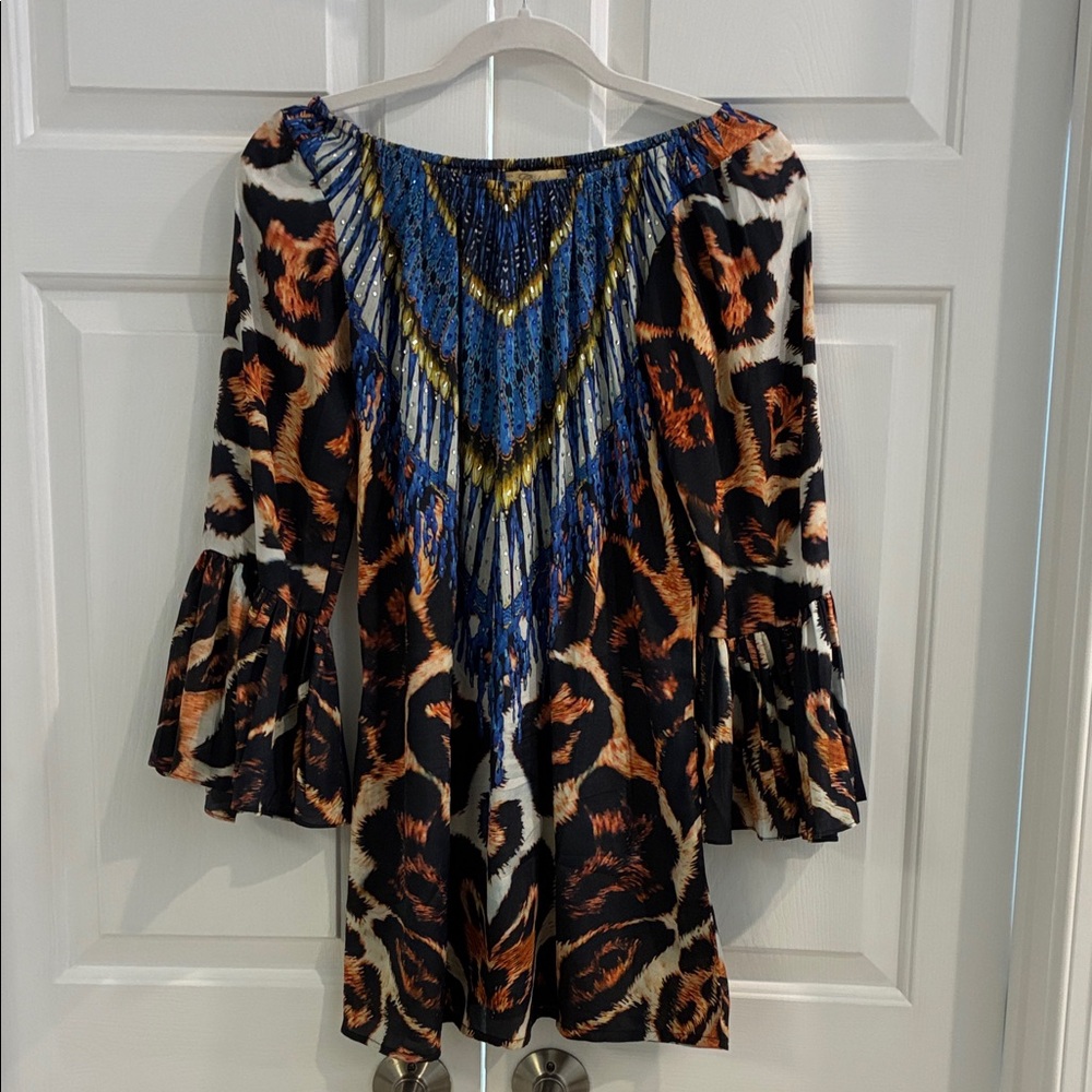 Vibrant Leopard Print Mini Dress with Blue and Orange Accents